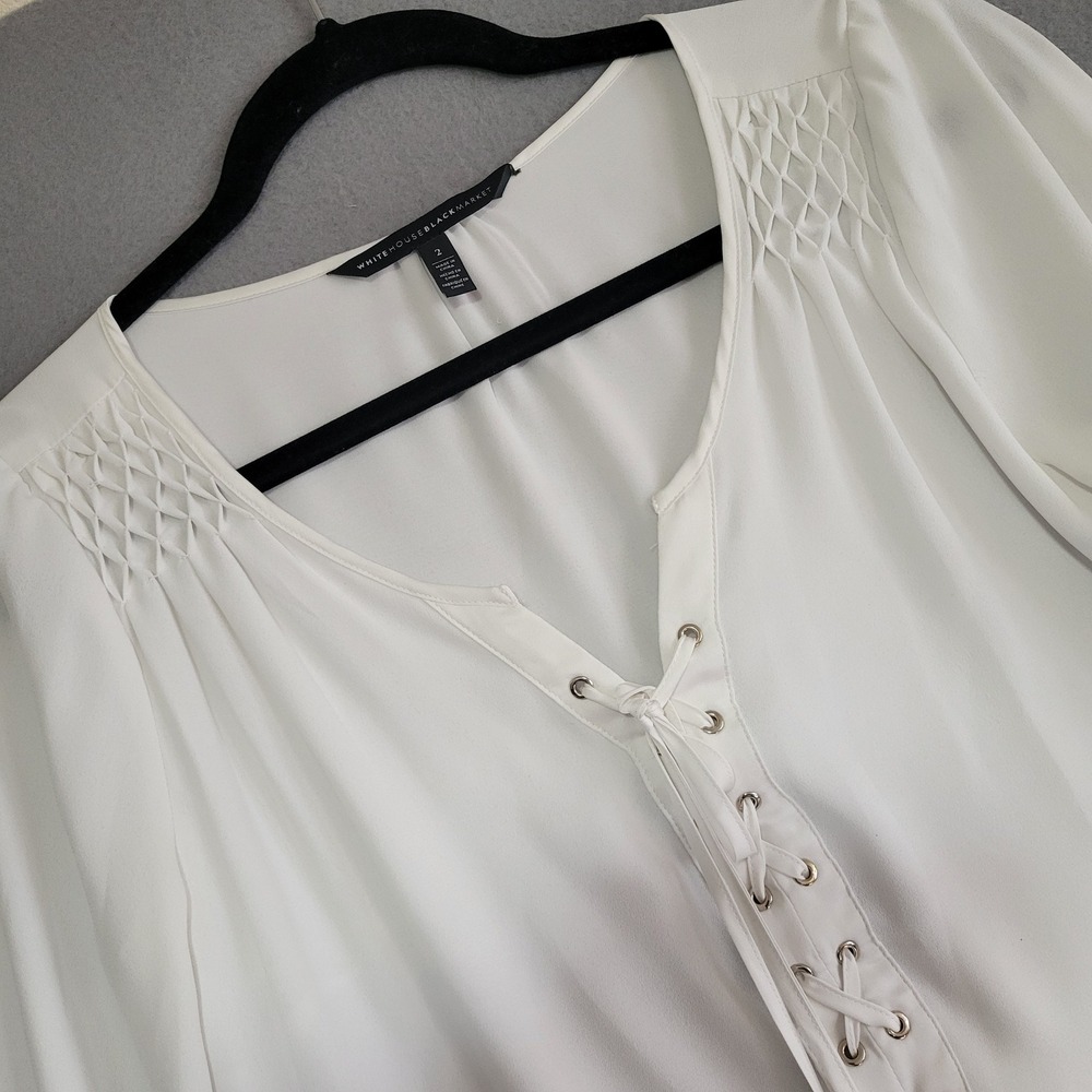 White House Black Market White Lace Up Tassel Peasant Blouse Size 2 Smocked Cuff